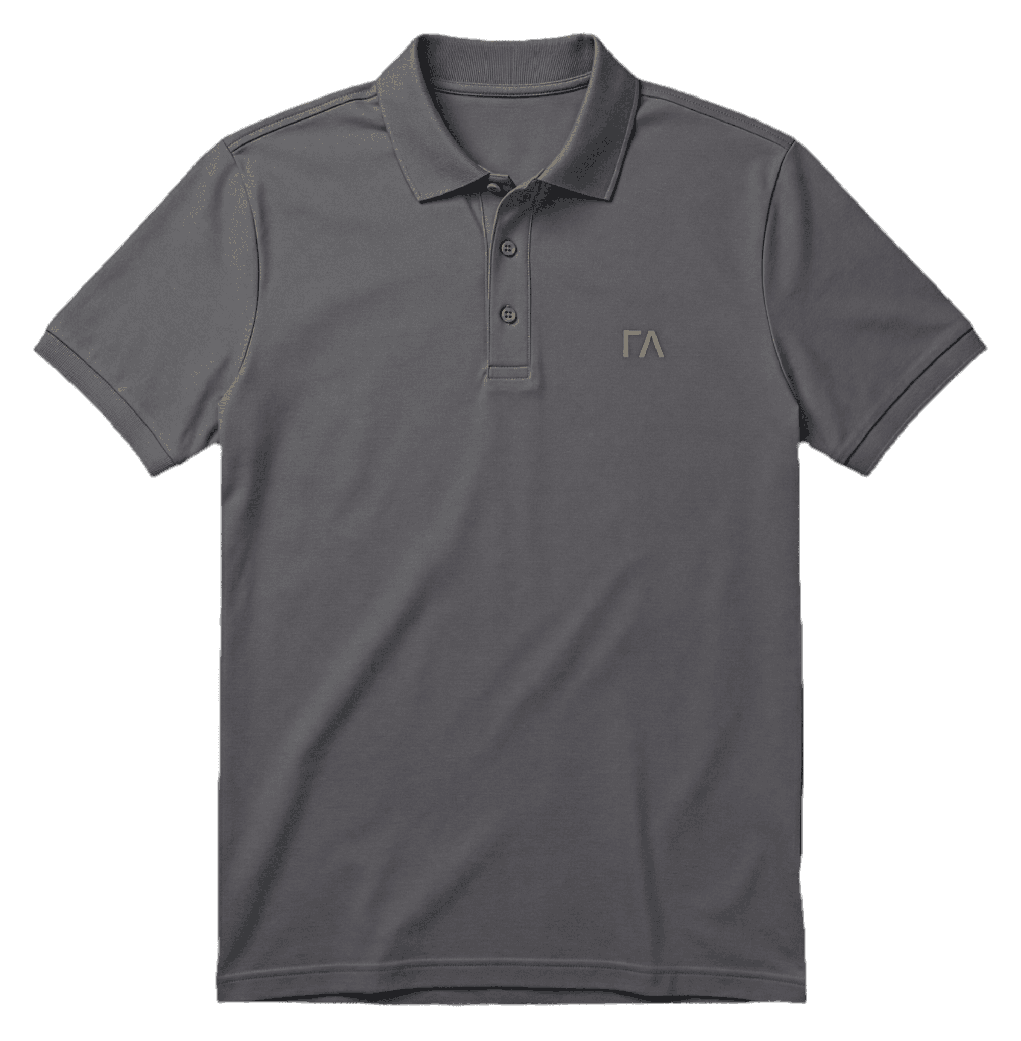 The Polo in Graphite, a dark gray polo with a gold ΓΛ embroidered on the left chest