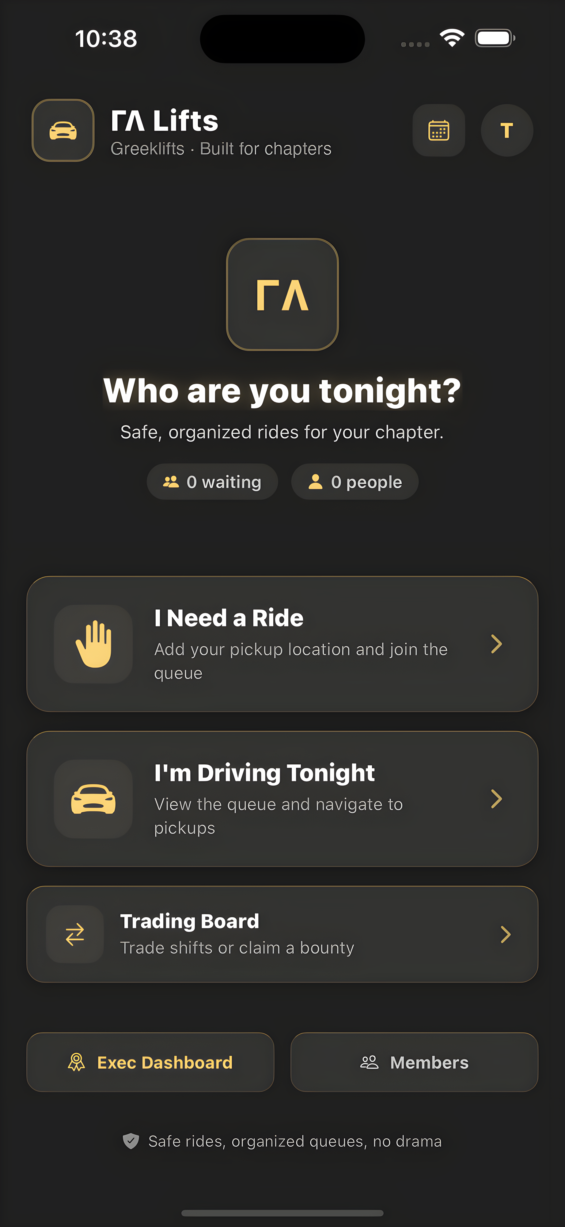Greek Lifts app home screen showing ride requests, driver tools, and the trading board